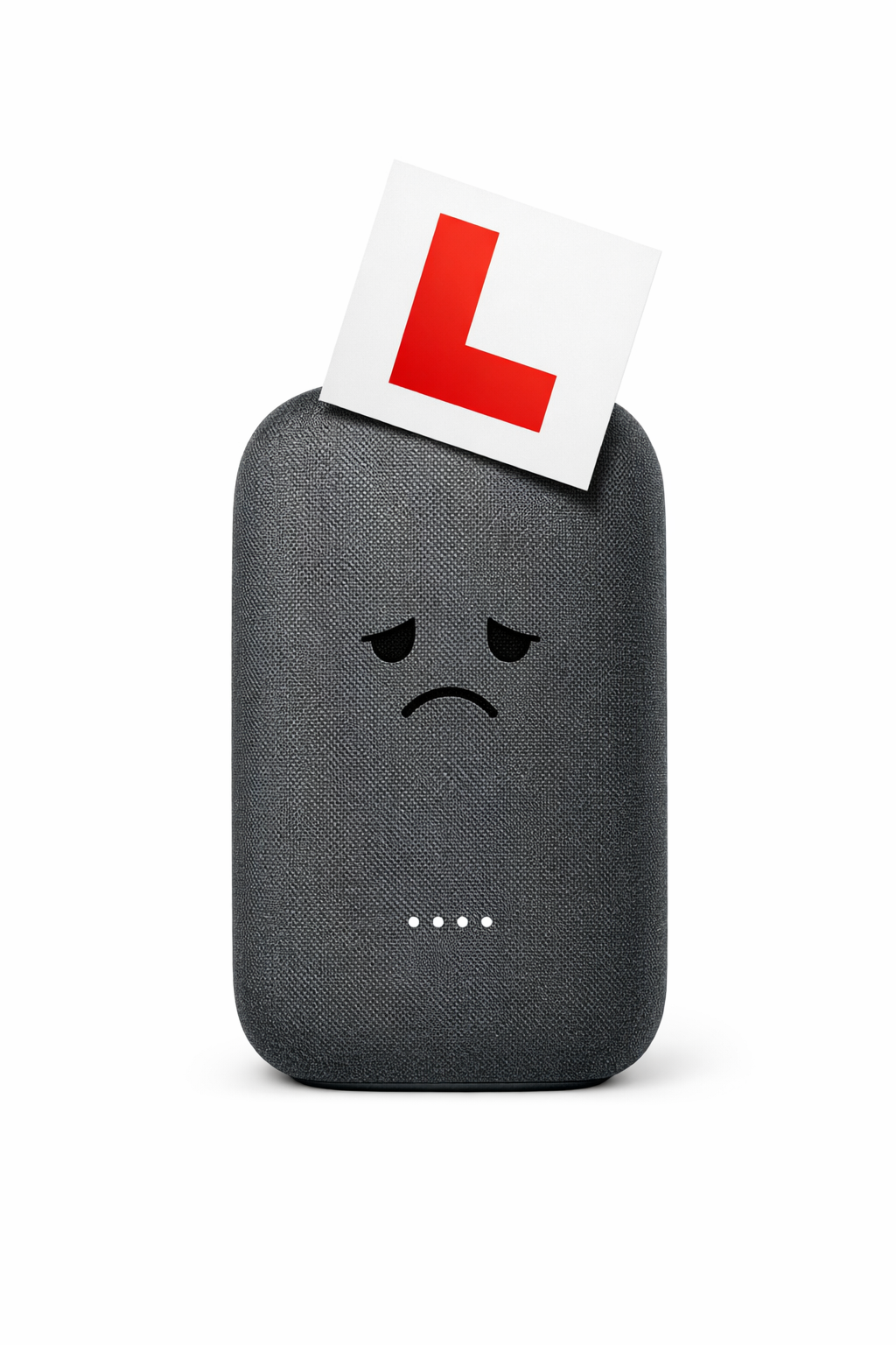 A Google Home Max speaker wearing a learner L-plate, looking glum